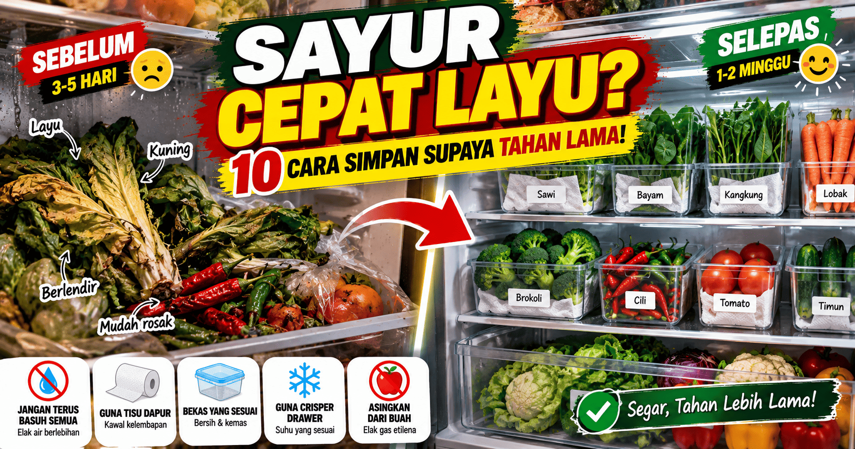 Cara Simpan Sayur Dalam Peti Sejuk Supaya Tahan Lebih Lama: 10 Tip Mudah Elak Cepat Layu
